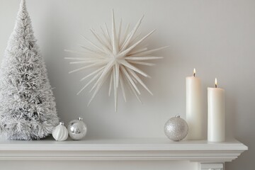Elegant white Christmas mantel display with snowy tree, starburst, ornaments, and candles.