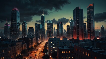 Futuristic city skyline at dusk with glowing skyscrapers