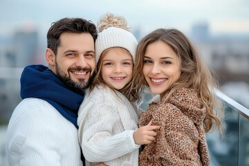 Fototapeta premium Heartwarming Family Portrait on Rooftop: A Close-Knit Family Embracing Togetherness with a Smiling Child on a Scenic Urban Background