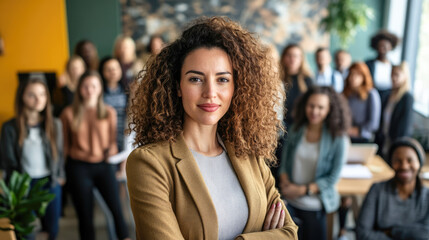 Obraz premium Confident young hispanic female leader in office with diverse team