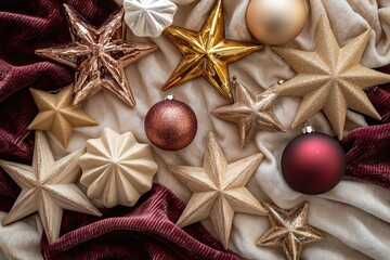 Elegant gold and burgundy Christmas ornaments and stars arranged on velvet fabric.