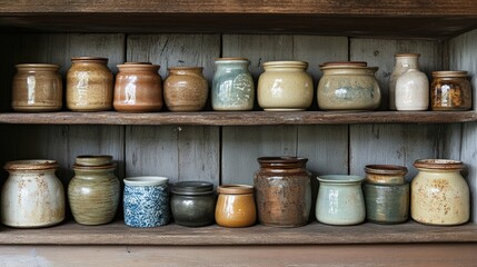 A rustic wooden shelf with an assortment of ceramic jars in neutral tones