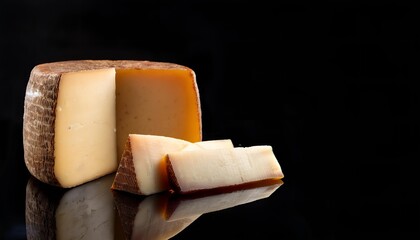 Fototapeta premium Delicious piece and slices of Spanish Manchego cheese positioned artistically on a reflective black backdrop, showcasing its creamy yellow interior, perfect for culinary, gourmet, food-related themes