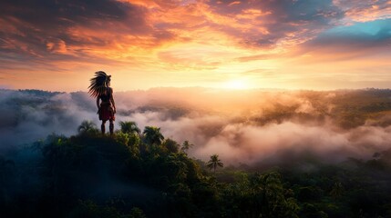 Traditional Hunter in Headdress Standing Amidst Lush Landscape at Sunrise, Capturing the Essence of Nature and Indigenous Culture in Majestic Setting