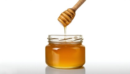 Golden honey flowing from a wooden drizzler into a glass jar against a white background, illustrating sweetness and natural food.