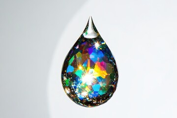 Fototapeta premium A teardrop-shaped jewel, iridescent and multifaceted, displays a vibrant spectrum of colors against a stark white background.