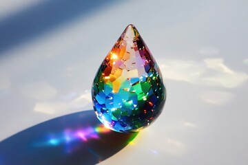 Fototapeta premium A teardrop-shaped glass ornament with a rainbow of colors, reflecting light.
