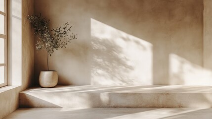 A minimalist corner with neutral-toned walls, a potted plant, and natural lighting emphasizing soft shadows.