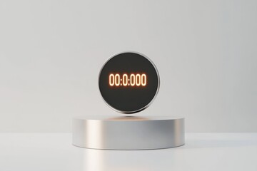 A minimalist 3D rendering of a circular timer displaying 00:000 on a silver pedestal against a white background.