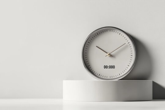 Minimalist white clock showing 00:000 on a white pedestal against a white background.