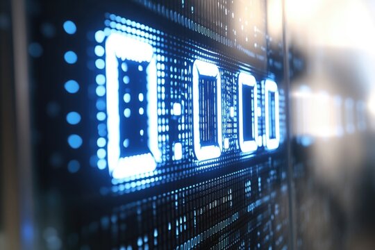 Digital clock displaying 00:00, glowing blue on a dark background with binary code.