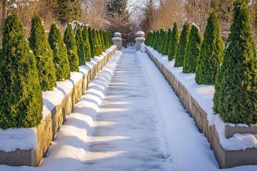 Snowy pathway lined with evergreen trees, creating a serene winter scene.