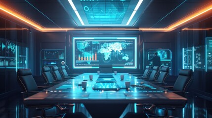 Naklejka premium Futuristic Conference Room: Global Data Visualization