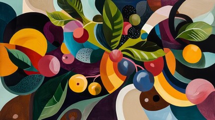 Abstract art featuring a vibrant arrangement of fruits, leaves, and bold geometric shapes in a rich palette of colors, blending nature with modern design. AI generative.