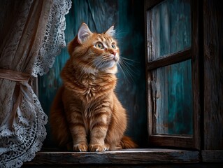 Warm Portrait of an Orange Cat Sitting Gracefully on a Rustic Window Sill Surrounded by Soft Natural Light for Cozy and Inviting Atmosphere