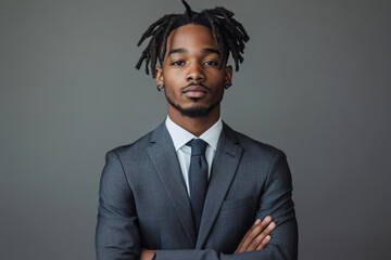 A young  confident Black man in a suit  arms crossed  exudes professionalism and success.