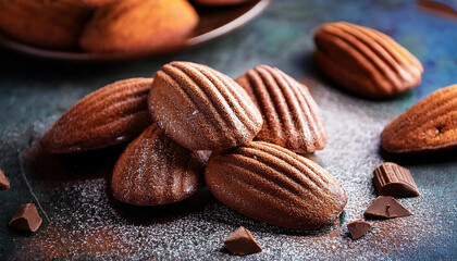 Richly detailed image featuring chocolate madeleines dusted with cocoa powder, set against a moody dark backdrop. Perfectly captured texture and light highlighting the pastries’ artisanal quality.