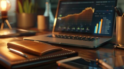 Night Desk Setup: Stock Market Analysis on Laptop