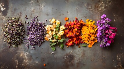 Colorful dried flowers arranged in a rainbow pattern on a rustic surface.