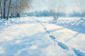 Obraz premium Footprints in the snow lead through a winter landscape, trees and a serene blue sky.