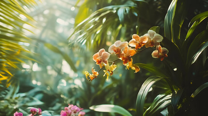 Fototapeta premium Orange Orchid Flowers Blooming in Tropical Garden