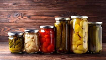 A collection of sealed jars containing pickled vegetables and preserves, set on a wooden table against a light background, showcasing traditional food preservation and artisanal preparation.