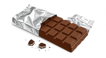 A bitten chocolate bar and the chocolate bar is partially unwrapped with a few chocolate crumbs scattered around it