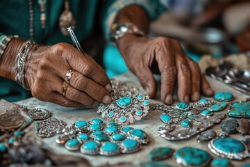 Elderly artisan meticulously crafting intricate turquoise and silver jewelry.