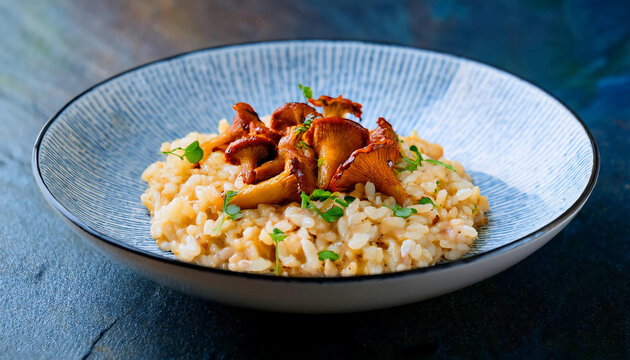 Risotto con finferli topped with saut&eacute;ed chanterelle mushrooms and garnished with fresh herbs, presented in a modern bowl for fine dining or culinary presentation showcasing elegant Italian cuisine.