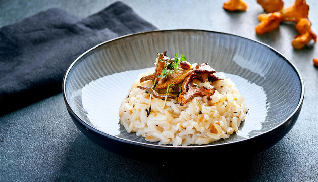 Risotto con finferli topped with saut&eacute;ed chanterelle mushrooms and garnished with fresh herbs, presented in a modern bowl for fine dining or culinary presentation showcasing elegant Italian cuisine.