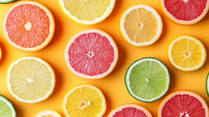 Obraz premium Bright Citrus Fruits on Vibrant Yellow Background