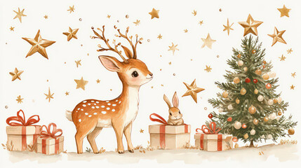 Obraz premium Hand drawn watercolor deer with a rabbit. Funny Xmas characters clip art. Christmas card design. Isolated on white Cute childish characters.