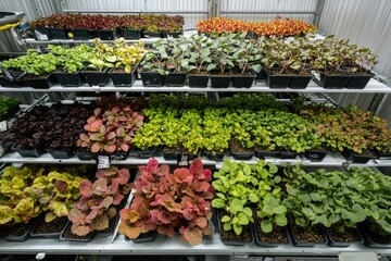 A greenhouse shelf displays various colorful seedlings in individual pots, showcasing a vibrant array of young plants.