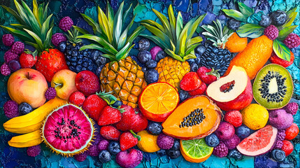 
Fresh fruit platter with vibrant tropical colors and textures