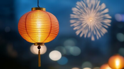 Obraz premium Fireworks and glowing Chinese New Year lanterns brighten the night sky.