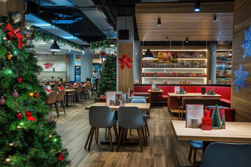 A beautiful cafe is decorated for the New Year. Christmas tree in a modern cafe. New Year's atmosphere, a lot of New Year's decorations and gifts. Advertising banner