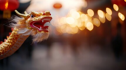 Dragon dance performance on a bustling Chinese New Year street at dusk.