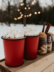A small wooden stand in a snowy forest serving hot chocolate with whipped cream and marshmallows, decorated with fairy lights and holiday garlands, with jars of cookies and cinnamon.