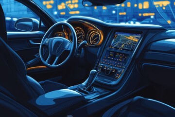 Night drive in a futuristic car with advanced technology dashboard and city lights in background.