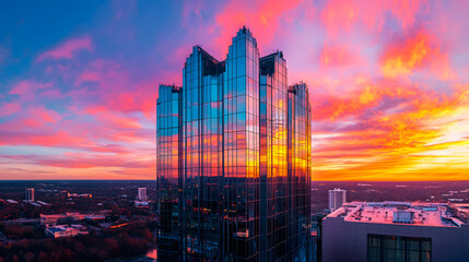 
Glass skyscraper reflecting a vibrant sunset in a modern metropolis