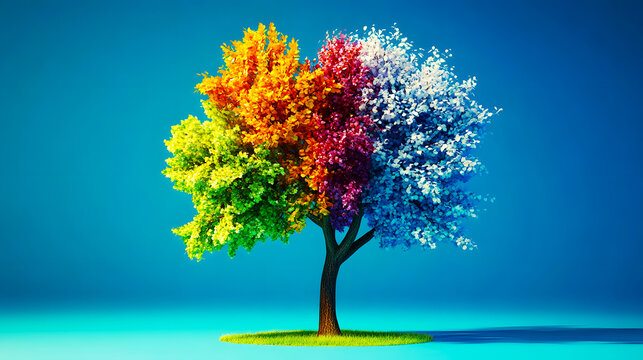 
beautiful tree, vector style showing all 4 seasons from left to right on this tree, spring, summer, fall, winter, plain blue background, vector art style, seasons in order, no sharpe lines deviding s