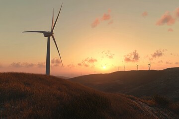 Obraz premium Wind turbines on a hill at sunset, generating clean energy against a warm sky.