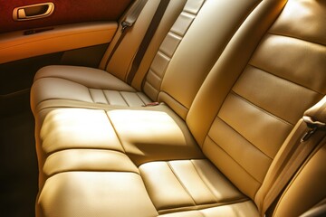 Luxurious beige leather car back seats bathed in sunlight, showcasing comfort and elegance.
