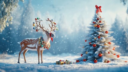 A reindeer adorned with colorful ornaments, standing next to a beautifully decorated Christmas tree in a snowy field,