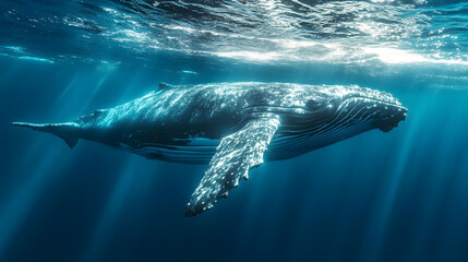 Fototapeta premium Majestic Humpback Whale Underwater in Sunlit Ocean
