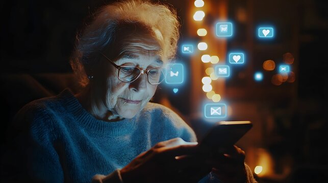 Elderly woman engaging with smartphone amidst glowing social media icons at night