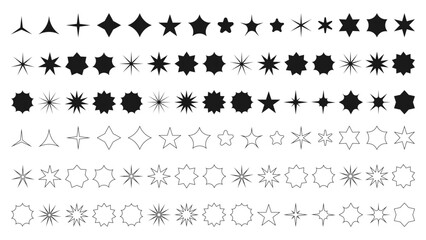 Stars collection. Black solid and outline set of stars, isolated on transparent background. Star icon different number of rays. Modern simple flat style. Vector illustration.
