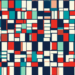 Fototapeta premium Abstract geometric simple pattern with red, blue, and beige squares.