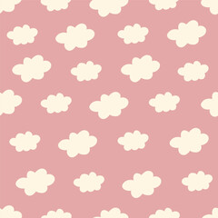 Cute baby cartoon Bohemian nursery pattern. Boho pink and white vector print for wall decor in childrens bedroom. Seamless pattern background with cartoon doodle cloud