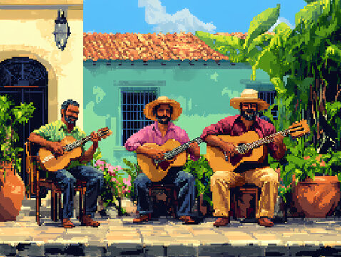 Parranda, Pixel Art Illustration, Musicians, Pixel art concept